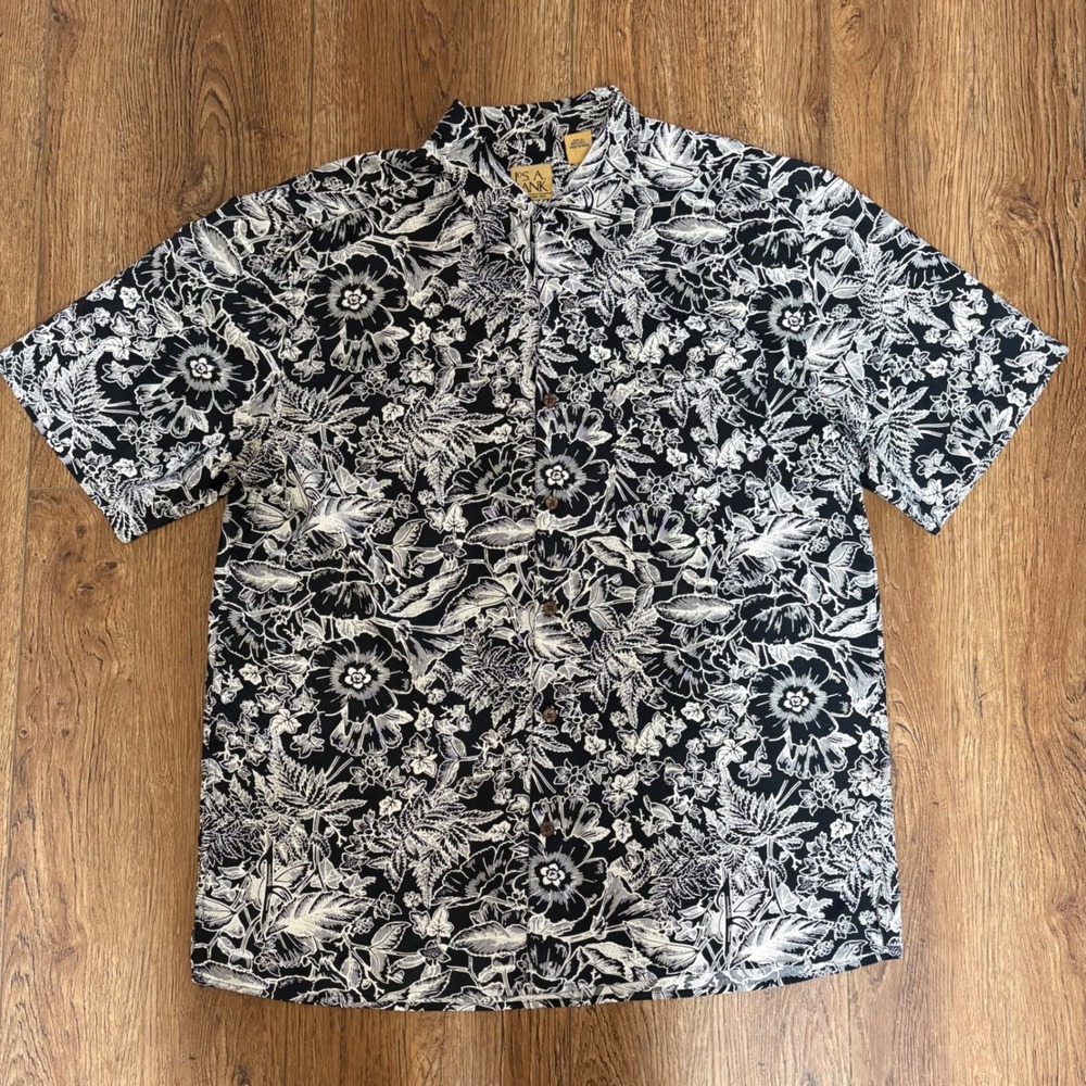 90s AOP Jos A. Bank Tropical Black Floral 100% Silk Button Up Shirt Mens M VTG